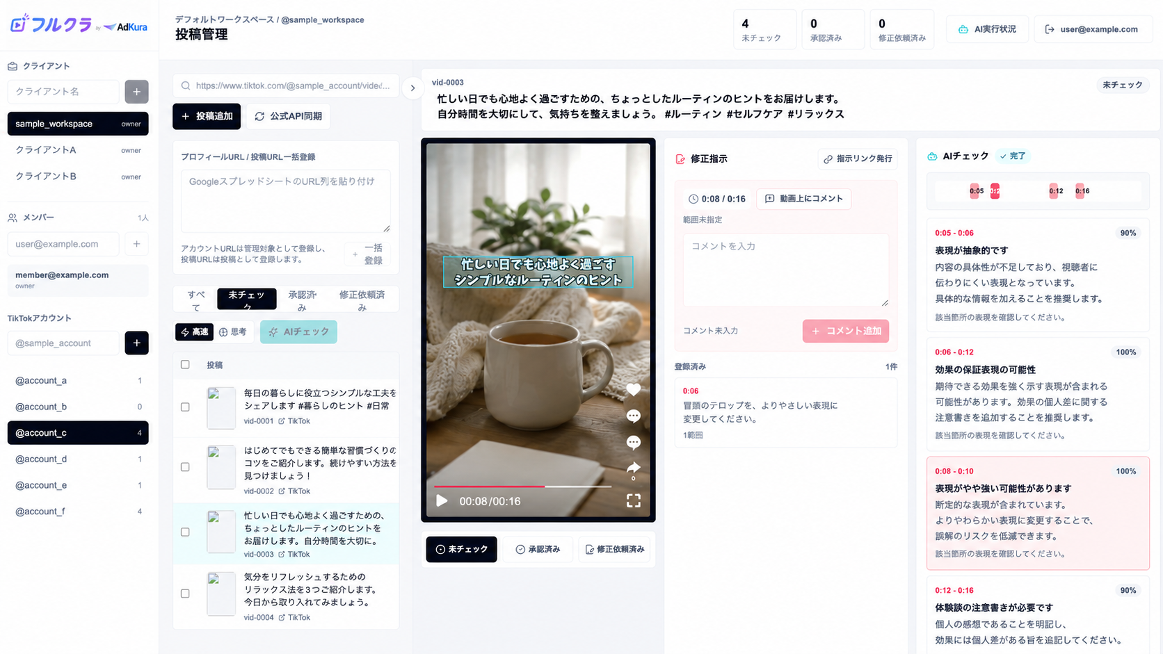 フルクラの投稿管理画面。投稿一覧、動画プレビュー、AI指摘、手動コメントを同時に確認できる。