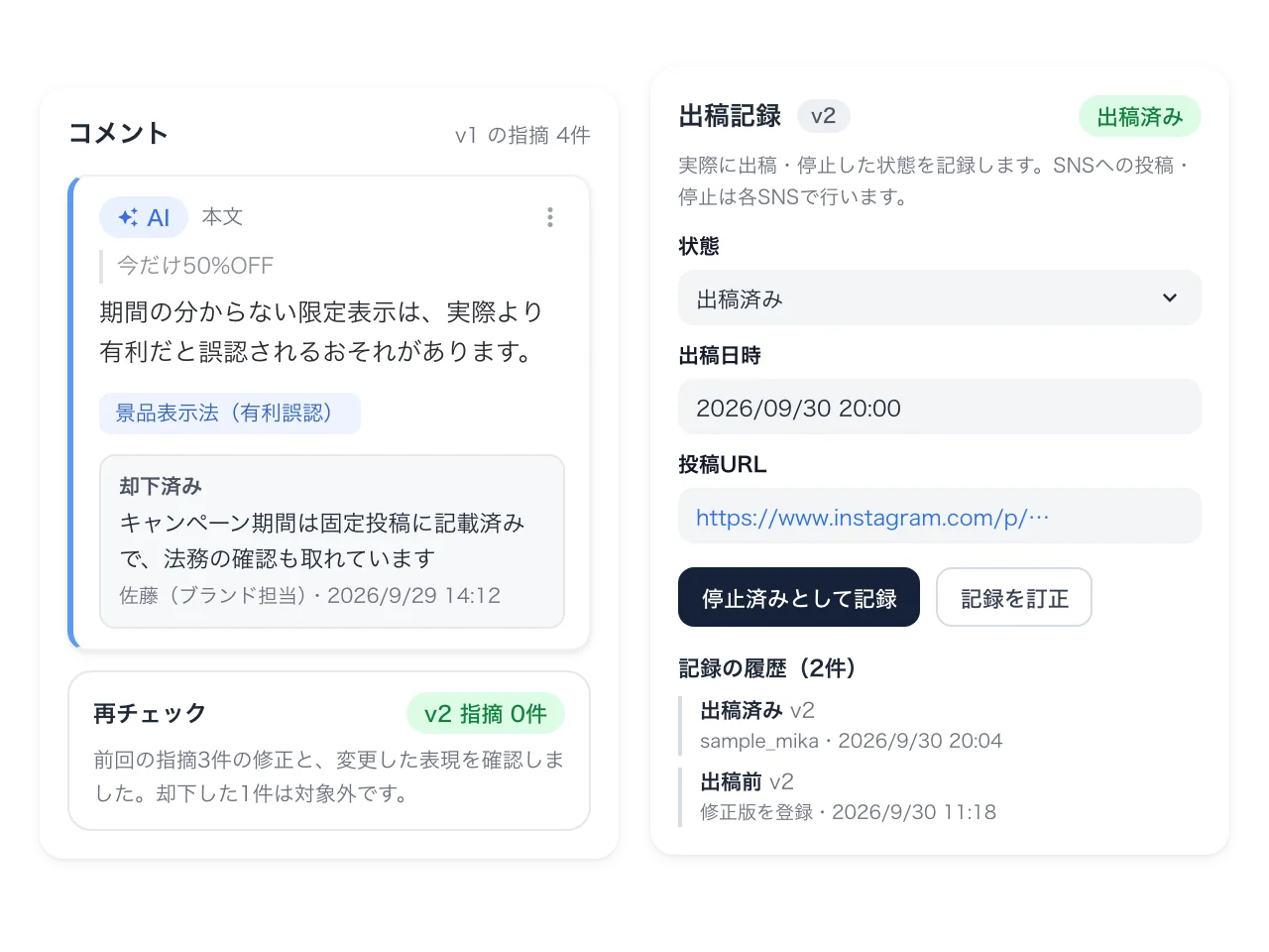 左は、理由を記録して却下した指摘と、修正版の再チェック結果（指摘0件）。右は出稿記録の画面で、状態「出稿済み」、出稿日時、投稿URL、記録の履歴が表示されている。